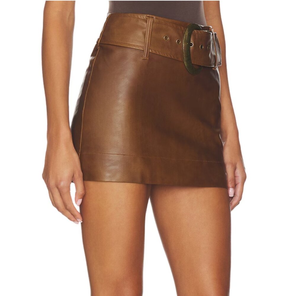 NEW Show Me Your Mumu Maverick Mini Skirt Chestnut Brown Faux Leather Belted - Picture 2 of 8